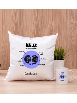 Hediye Dükkanı Kişiye Özel Ikizler Burcuna Hediye Beyaz Kupa Bardak ve Kare Yastık