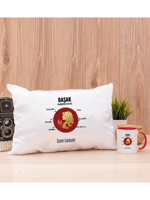 Hediye Dükkanı Kişiye Özel Başak Burcuna Hediye Kırmızı Kupa Bardak ve Dikdörtgen Yastık