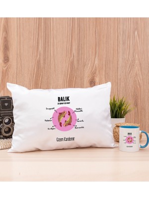 Hediye Dükkanı Kişiye Özel Balık Burcuna Hediye Mavi Kupa Bardak ve Dikdörtgen Yastık