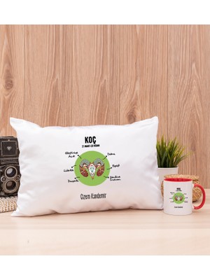 Hediye Dükkanı Kişiye Özel Koç Burcuna Hediye Kırmızı Kupa Bardak ve Dikdörtgen Yastık