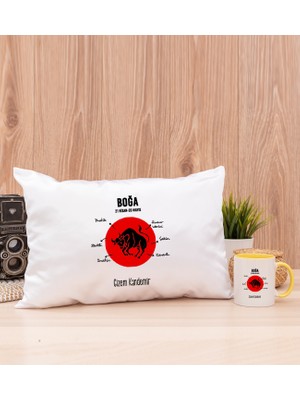 Hediye Dükkanı Kişiye Özel Boğa Burcuna Hediye Sarı Kupa Bardak ve Dikdörtgen Yastık