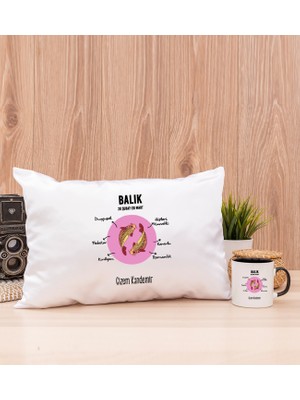 Hediye Dükkanı Kişiye Özel Balık Burcuna Hediye Siyah Kupa Bardak ve Dikdörtgen Yastık