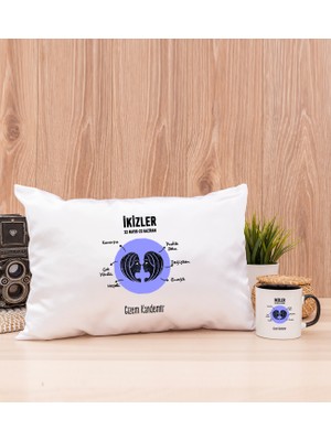 Hediye Dükkanı Kişiye Özel Ikizler Burcuna Hediye Siyah Kupa Bardak ve Dikdörtgen Yastık