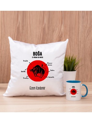 Hediye Dükkanı Kişiye Özel Boğa Burcuna Hediye Mavi Kupa Bardak ve Kare Yastık