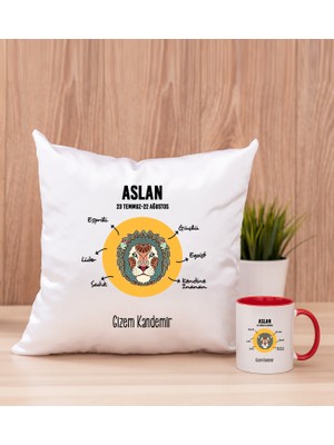 Hediye Dükkanı Kişiye Özel Aslan Burcuna Hediye Kırmızı Kupa Bardak ve Kare Yastık