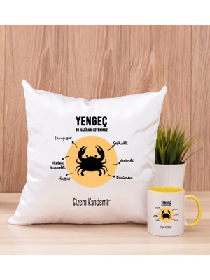 Hediye Dükkanı Kişiye Özel Yengeç Burcuna Hediye Sarı Kupa Bardak ve Kare Yastık