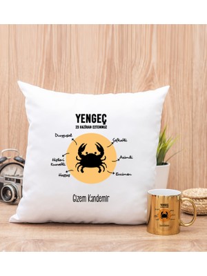 Hediye Dükkanı Kişiye Özel Yengeç Burcuna Hediye Gold Kupa Bardak ve Kare Yastık