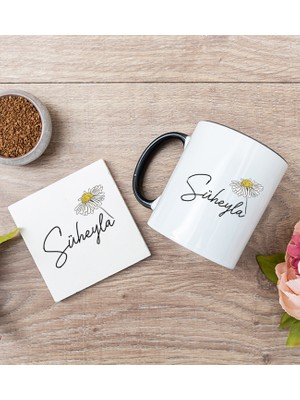 Hediye Dükkanı Kişiye Özel Papatya Tasarımlı Isimli Siyah Kupa Bardak ve Bardak Altlığı