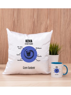Hediye Dükkanı Kişiye Özel Kova Burcuna Hediye Mavi Kupa Bardak ve Kare Yastık