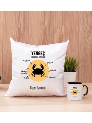 Hediye Dükkanı Kişiye Özel Yengeç Burcuna Hediye Siyah Kupa Bardak ve Kare Yastık
