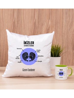 Hediye Dükkanı Kişiye Özel Ikizler Burcuna Hediye Yeşil Kupa Bardak ve Kare Yastık