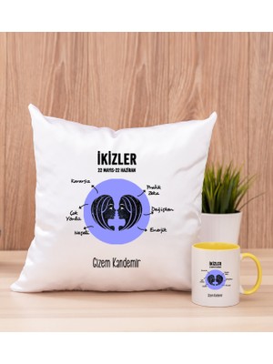 Hediye Dükkanı Kişiye Özel Ikizler Burcuna Hediye Sarı Kupa Bardak ve Kare Yastık