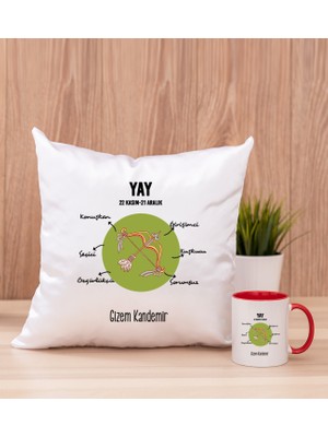 Hediye Dükkanı Kişiye Özel Yay Burcuna Hediye Kırmızı Kupa Bardak ve Kare Yastık