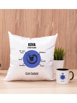 Hediye Dükkanı Kişiye Özel Kova Burcuna Hediye Siyah Kupa Bardak ve Kare Yastık