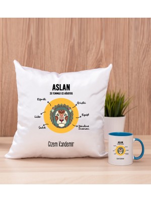 Hediye Dükkanı Kişiye Özel Aslan Burcuna Hediye Mavi Kupa Bardak ve Kare Yastık