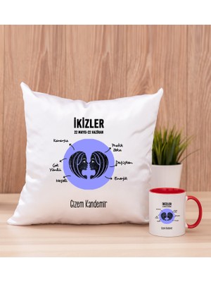 Hediye Dükkanı Kişiye Özel Ikizler Burcuna Hediye Kırmızı Kupa Bardak ve Kare Yastık