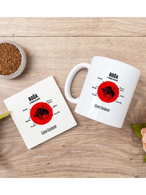 Hediye Dükkanı Kişiye Özel Boğa Burcuna Hediye Beyaz Kupa Bardak ve Bardak Altlığı