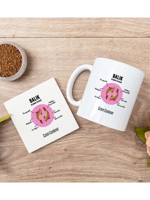 Hediye Dükkanı Kişiye Özel Balık Burcuna Hediye Beyaz Kupa Bardak ve Bardak Altlığı