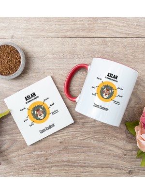 Hediye Dükkanı Kişiye Özel Aslan Burcuna Hediye Kırmızı Kupa Bardak ve Bardak Altlığı