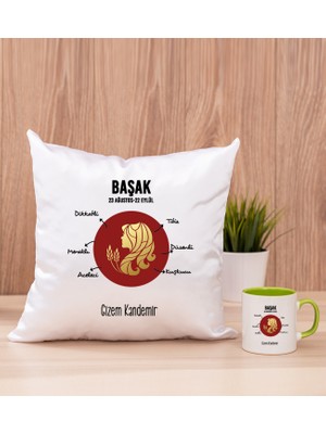 Hediye Dükkanı Kişiye Özel Başak Burcuna Hediye Yeşil Kupa Bardak ve Kare Yastık