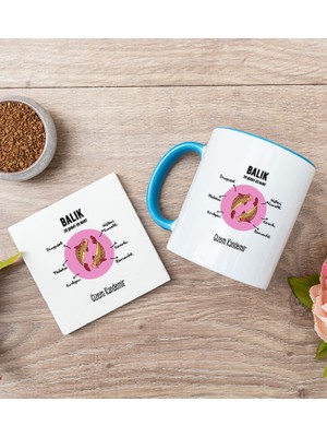 Hediye Dükkanı Kişiye Özel Balık Burcuna Hediye Mavi Kupa Bardak ve Bardak Altlığı