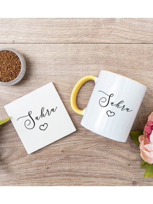 Hediye Dükkanı Kişiye Özel El Yazısı Tasarımlı Isimli Sarı Kupa Bardak ve Bardak Altlığı