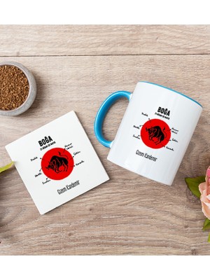 Hediye Dükkanı Kişiye Özel Boğa Burcuna Hediye Mavi Kupa Bardak ve Bardak Altlığı