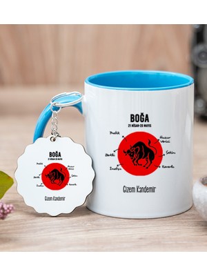 Hediye Dükkanı Kişiye Özel Boğa Burcuna Hediye Mavi Kupa Bardak ve Anahtarlık
