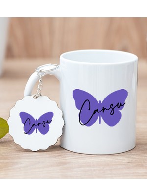Hediye Dükkanı Kişiye Özel Kadına Hediye Kelebek Tasarım Isimli Beyaz Kupa Bardak ve Anahtarlık