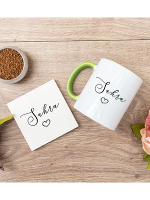 Hediye Dükkanı Kişiye Özel El Yazısı Tasarımlı Isimli Sarı Kupa Bardak ve Bardak Altlığı