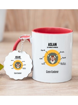 Hediye Dükkanı Kişiye Özel Aslan Burcuna Hediye Kırmızı Kupa Bardak ve Anahtarlık