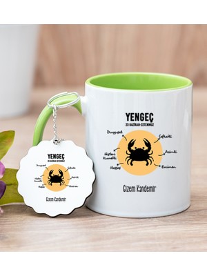 Hediye Dükkanı Kişiye Özel Yengeç Burcuna Hediye Yeşil Kupa Bardak ve Anahtarlık