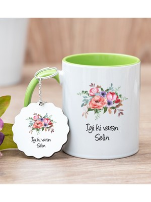 Hediye Dükkanı Kişiye Özel Çiçek Buketi Isimli Yeşil Kupa Bardak ve Anahtarlık