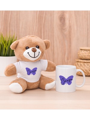 Hediye Dükkanı Kişiye Özel Kadına Hediye Kelebek Tasarım Isimli Beyaz Kupa Bardak ve Peluş Ayıcık