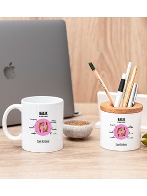 Hediye Dükkanı Kişiye Özel Balık Burcuna Hediye Beyaz Kupa Bardak ve Kalemlik