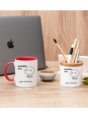 Hediye Dükkanı Kişiye Özel Incinmişsin Dedi Tasarım Esprili Kırmızı Kupa Bardak ve Kalemlik