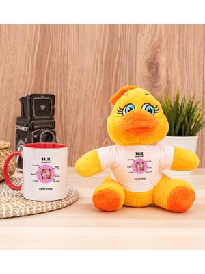 Hediye Dükkanı Kişiye Özel Balık Burcuna Hediye Kırmızı Kupa Bardak ve Peluş Civciv