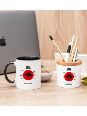 Hediye Dükkanı Kişiye Özel Boğa Burcuna Hediye Siyah Kupa Bardak ve Kalemlik