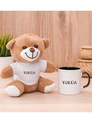 Hediye Dükkanı Kişiye Özel Çiçekli Harf Tasarım Isim Yazılı Siyah Kupa Bardak ve Peluş Ayıcık