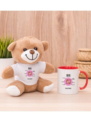 Hediye Dükkanı Kişiye Özel Balık Burcuna Hediye Kırmızı Kupa Bardak ve Peluş Ayıcık