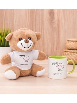Hediye Dükkanı Kişiye Özel Incinmişsin Dedi Tasarım Esprili Yeşil Kupa Bardak ve Peluş Ayıcık