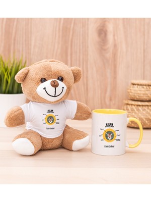 Hediye Dükkanı Kişiye Özel Aslan Burcuna Hediye Sarı Kupa Bardak ve Peluş Ayıcık