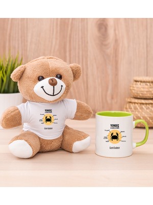 Hediye Dükkanı Kişiye Özel Yengeç Burcuna Hediye Yeşil Kupa Bardak ve Peluş Ayıcık