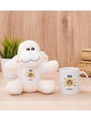 Hediye Dükkanı Kişiye Özel Aslan Burcuna Hediye Beyaz Kupa Bardak ve Peluş Koyun