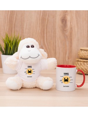 Hediye Dükkanı Kişiye Özel Yengeç Burcuna Hediye Kırmızı Kupa Bardak ve Peluş Koyun