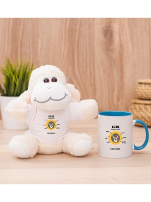 Hediye Dükkanı Kişiye Özel Aslan Burcuna Hediye Mavi Kupa Bardak ve Peluş Koyun