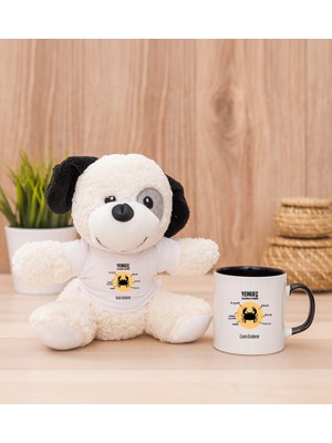 Hediye Dükkanı Kişiye Özel Yengeç Burcuna Hediye Siyah Kupa Bardak ve Peluş Köpek