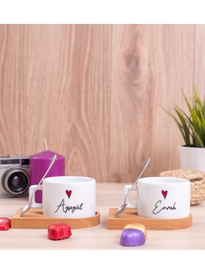 Hediye Dükkanı Kişiye Özel Isim Yazılı Minik Kalpli Ikili Ahşap Altlıklı Fincan