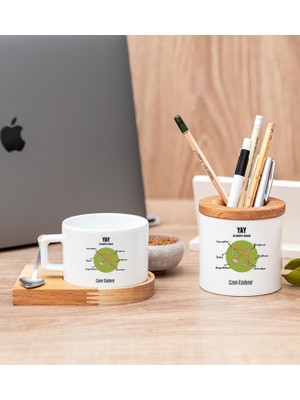 Hediye Dükkanı Kişiye Özel Yay Burcuna Hediye Ahşap Altlıklı Fincan ve Kalemlik