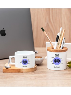 Hediye Dükkanı Kişiye Özel Ikizler Burcuna Hediye Ahşap Altlıklı Fincan ve Kalemlik